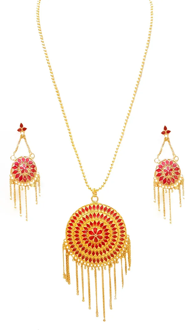 Assamese_Traditional_Gold_Plated_Red_Colour_Japi_Chain_Jewellery_Set_For_Women_&_Girl
